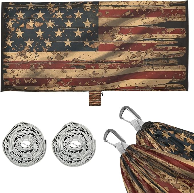 Gritty Military American Flag Outdoor Hammock with Tree Straps Cloth Hammock for Outside Patio Garden