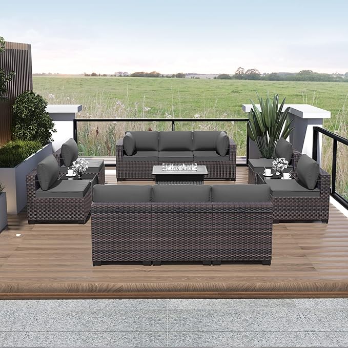 Outdoor Patio Furniture Set with Gas Fire Pit Table, 13 Pieces Outdoor Furniture Set Patio Sectional Sofa w/43in 55000 BTU Propane Fire Pit, PE Wicker Rattan Patio Conversation Sets - Grey.