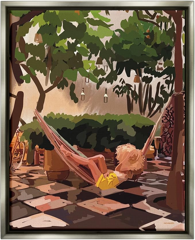 Stupell Industries Woman Lounging Hammock Tropical Summer Vacation Scenery Floating Framed Wall Art, Design By Amelia Noyes