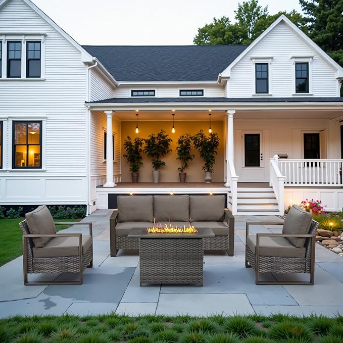Belord Full 4 Pieces Patio Furniture Set with 41” Propane Fire Pit Table, Outdoor Conversation Set with Patio Chairs Set of 2 and Rattan Sofa for Deck Backyard