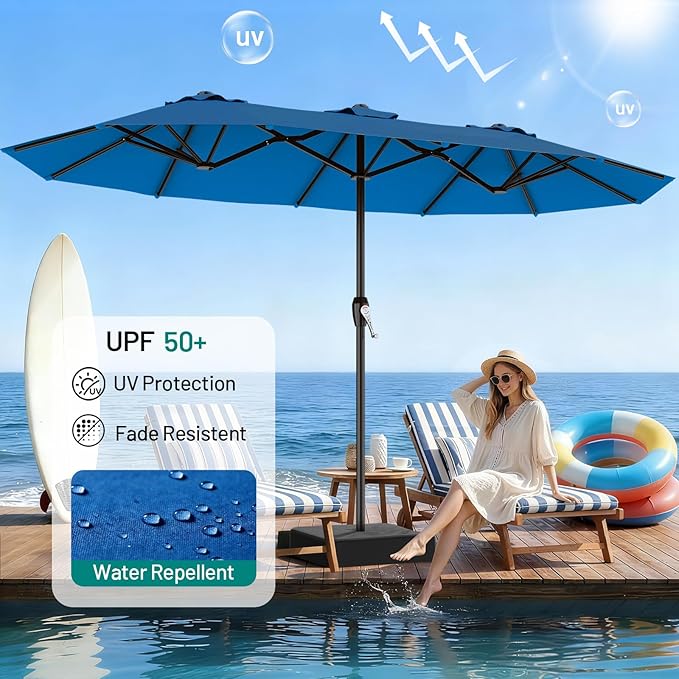 AreShark 15ft Patio Umbrella with Base, Double Sided Outdoor Umbrella with 12 Fiberglass Ribs, Large Outdoor Umbrella for Garden, Pool, Deck, Backyard & Market, Royal Blue