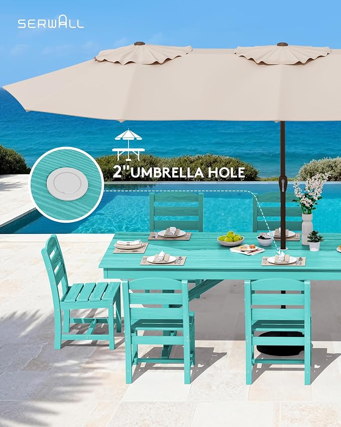 SERWALL 9 Piece 84" HDPE Outdoor Dining Set for 8 with Armless Chairs and Umbrelle Hole, Aruba