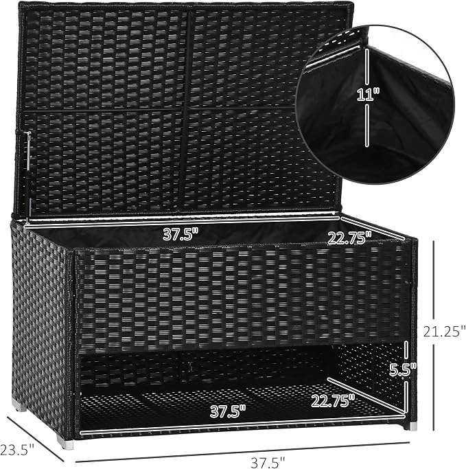 Outdoor Deck Box Shoe Storage, PE Rattan Wicker Towel Rack with Liner for Indoor, Outdoor, Patio Furniture Cushions, Pool, Toys, Garden Tools, Black