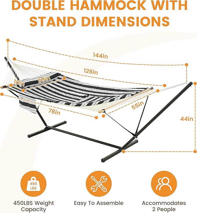 Lazy Daze Hammocks 2 Person Portable Hammock with 12FT Stand, Double Hand Woven Cotton Rope Hammock with Detachable Quilted Pad & Pillow for Outside, 450lb Capacity, Black White Stripes