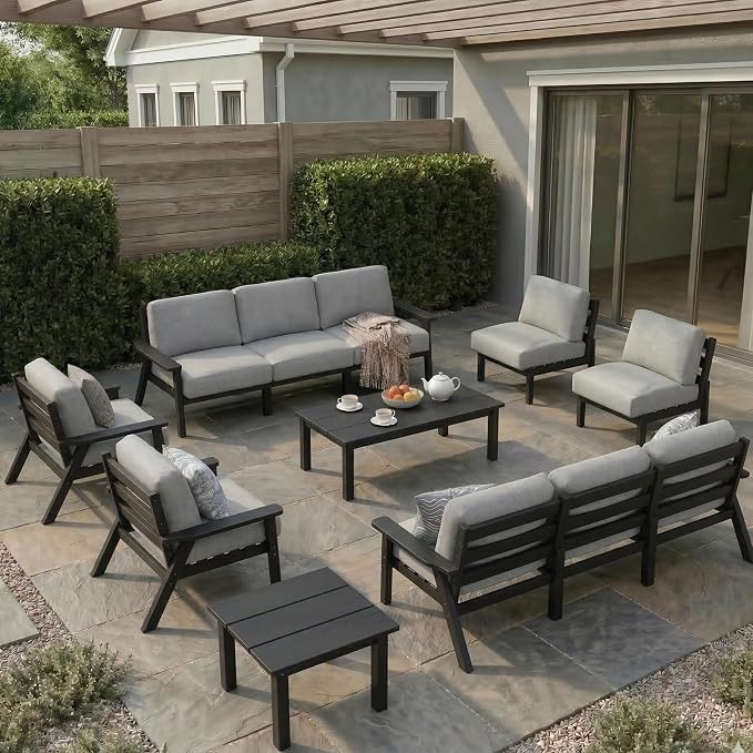 HDPE Patio Furniture Set 10 Seats, Outdoor Couch with Washable Thick Gray Cushions & Coffe Table & Side Table, Outdoor Sectional Furniture for Backyard, Deck, Lawn, Porch (Black Frame)