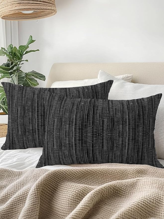 Outdoor Waterproof Throw Pillows 12x20in, Minimalist Obsidian Black Patio Pillows Pack of 2,Decorative Pillow Covers with Insert,Pillow Cushion Case for Garden Couch Sofa Vintage Linen Weave Textured