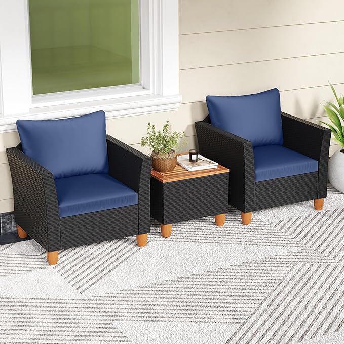 HAPPYGRILL 3 Pieces Patio Conversation Set with Storage Coffee Table, PE Rattan Wicker Sofa Set with Cushions, Acacia Wood Outdoor Furniture for Balcony Backyard Porch Garden