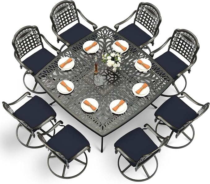 VIVIJASON 9-Piece Outdoor Dining Furniture Set, Cast Aluminum Patio Table & Chairs Set for 8, Include Large 64" Square Dining Table and 8 Swivel Rocker Chairs with Umbrella Hole, Navy Blue