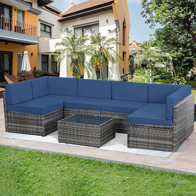 U-MAX 7 Piece Outdoor Patio Furniture Set, PE Rattan Outdoor Wicker Sectional Furniture Chair Set with Cushions and Tea Table, Grey Rattan and Navy Cushion