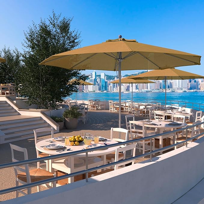 California Umbrella 11Ft Commercial Grade Sunbrella Fabric Market Umbrella, Pulley Lift, Aluminum/Fiberglass, 2mm pole wall, Silver Frame, Heather Beige Fabric