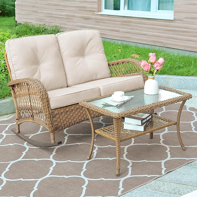 MEETWARM Outdoor Wicker Loveseat Rocking Chair, Loveseat for 2 Person Porch Furniture Rocker with Glass-Top Coffee Table, All-Weather Rattan Patio Rocking Bench with Thickened Cushions, Brown