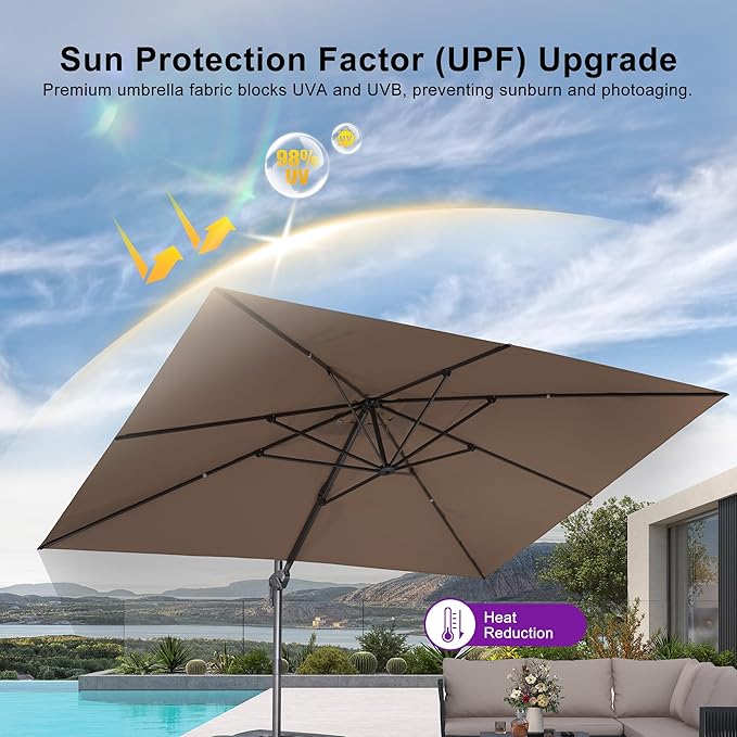PURPLE LEAF Patio Umbrella 9' X 11.5' Rectangle Cantilever Umbrella Large Aluminum Outdoor Umbrellas with 360-degree Rotation & UPF40+ Premium Fabric for Deck Pool Garden Yard, Sand Dune