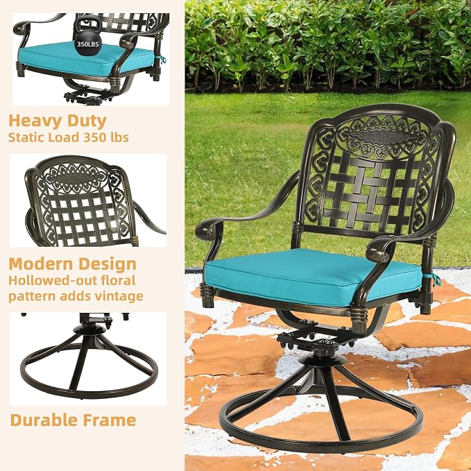 9-Piece Patio Furniture Dining Set, Cast Aluminum Outdoor Conversation Set- 61" Round Patio Dining Table with Detachable Lazy Susan & 8 Cushioned Swivel Rocker, Umbrella Hole, Ocean Blue
