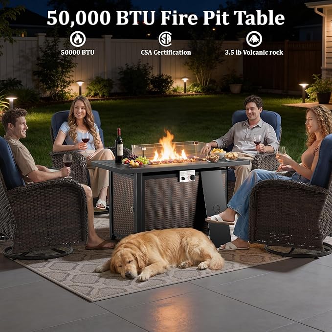Outdoor Swivel Rocking Chair Patio Set (8pcs) High-Back-Thick Cushion Swivel Rocking Chair Patio with Fire Table Set, All-Weather Wicker Patio Furniture Set, Suitable for Balcony Patios, Brown/Beige