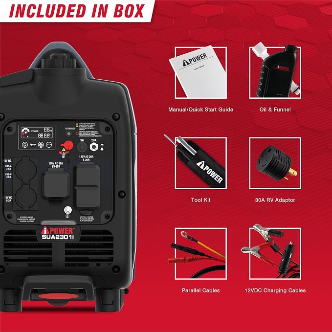 A-iPower Portable Inverter Generator, 2300W RV Ready, EPA & CARB Compliant CO Sensor, Portable Ultra-Light Weight For Backup Home Use, Tailgating & Camping (SUA2301i)