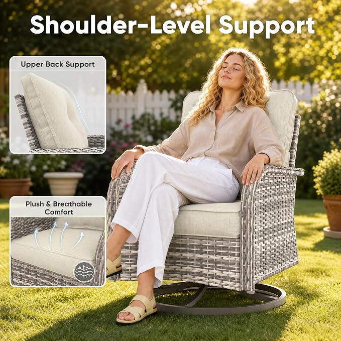 11-Piece Small Patio Furniture Set, Outdoor Swivel Rocking Chairs Set with Ottomans, Patio Bistro Set for Balcony, Deck, Porch,Ivory
