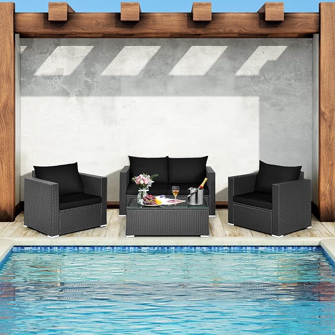 COSTWAY 4-Piece Patio Rattan Furniture Set, Cushioned Sofa Chair, Loveseat and Coffee Table with Tempered Glass Top, Outdoor Conversation Sets for Garden Poolside Balcony Porch (Black)