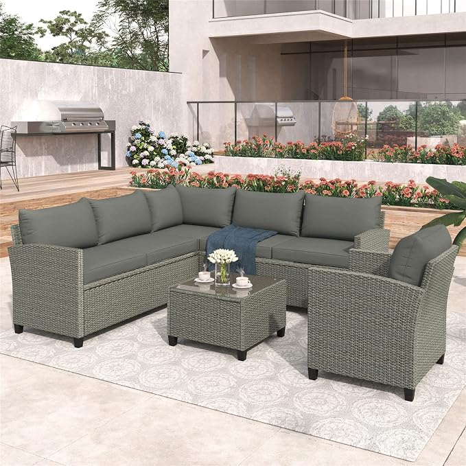 Outdoor Patio Furniture Set, 5 Piece Conversation Set, Wicker Furniture, Sofa Set, Rattan Chairs, Garden, Backyard, Balcony, Porch, Loveseat by PIS