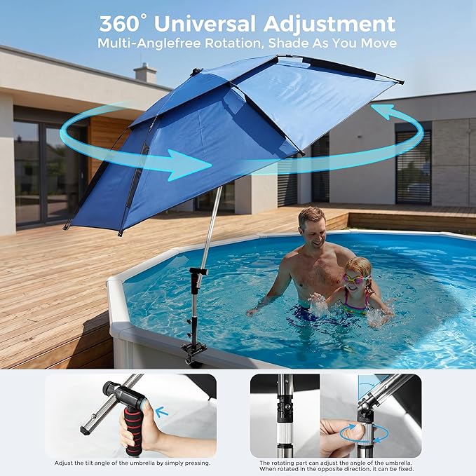 Extra Large Above Ground Pool Umbrella, Portable Outdoor Patio Umbrella for Pool 360° Adjustable Sun-Resistant Pool Shade Umbrella, 7.5ft Swimming Pool Accessories for Fishing Beach Camping