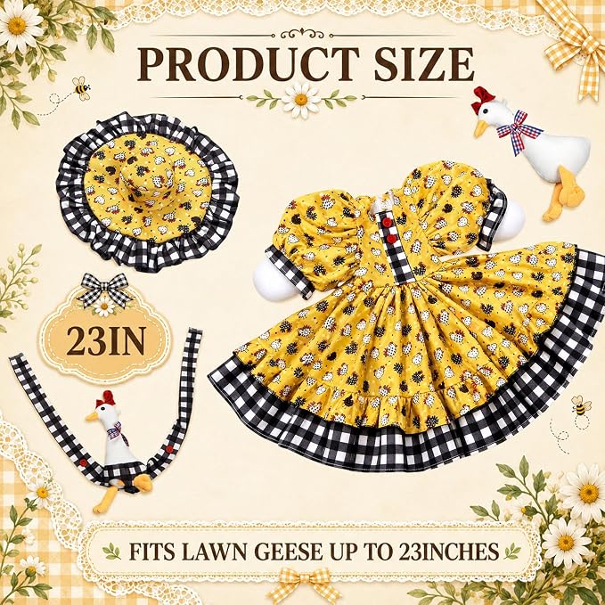 Porch Goose Outfit Set for 23 Inch Goose Statue, Spring Yellow Lolita Dress with Hat and 3D Baby Apron, Rustic Farmhouse Easter Summer Patio Yard Lawn Decor