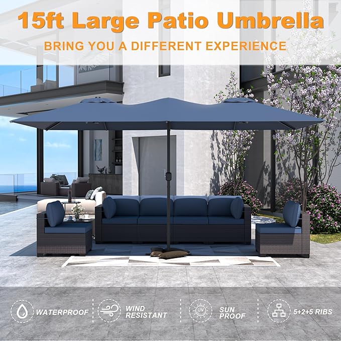 Kullavik 15FT Outdoor Patio Umbrella,Large Umbrella with 10 Heavy iron rib,sun umbrella with Crank Handle,Parasol for Poolside,Beach,Backyard,Navy Blue