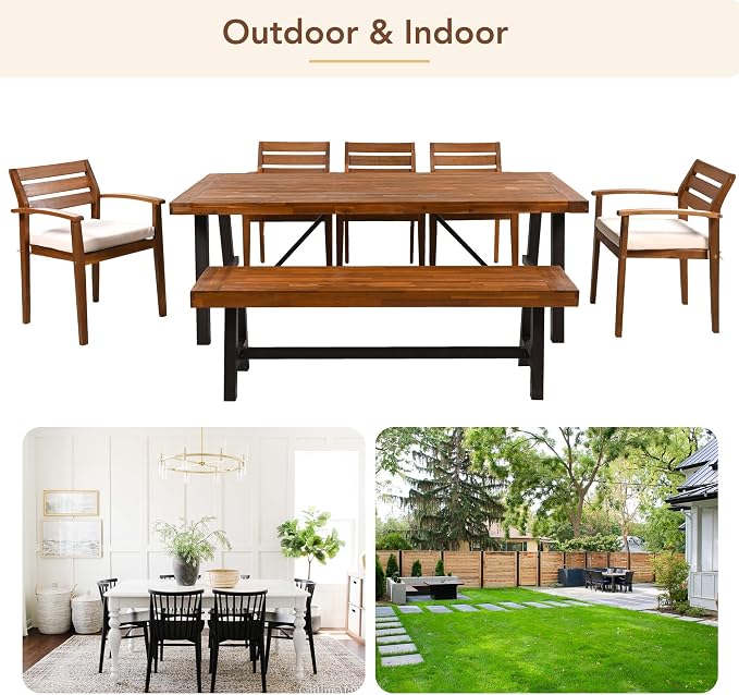 Outdoor Wood Dining Set for 7-8 Person, 7 Piece Outdoor Dining Table Set with Bench and Chairs, Acacia Wood Patio Dining Furniture with Removable Cushions, Adjustable Feet, Acacia wood Color