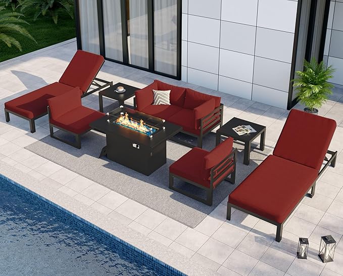 NICESOUL 9 Pcs Oversized Modern Aluminum Outdoor Patio Furniture Set with Chaise & Fire Pit Table, 29" Wide Deep Seat, All Weather Sectional Sofa, 500 lbs Sturdy Comfortable Deck Conversation Set, Red