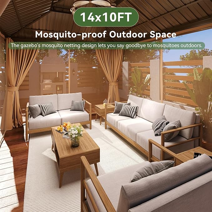 Aoxun 14’x10’ Outdoor Gazebo, Heavy Duty Canopy Pavilion with Ventilated Double Roof, Patio Pergola with Netting for Backyard, Garden, Deck (Brown)