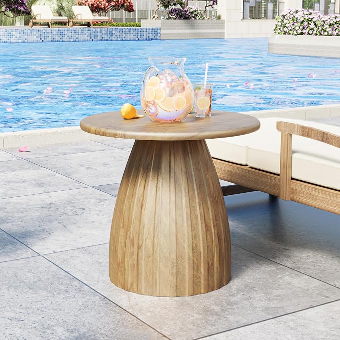 Metal Small Patio Table, Round Outdoor Side Table, Wood Color Outdoor Accent Patio End Table, for Garden, Pool, Yard, Balcony, Living Room, Deck, Weather Resistant, No Assembly
