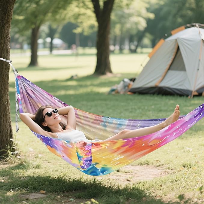 Camping Hammock Lightweight - 350lbs Portable Hammock with 2 Tree Straps and Attached Carry Bag,Great for Travel/Backpacking/Beach/Backyard - Single or Double - Tie Dye 7
