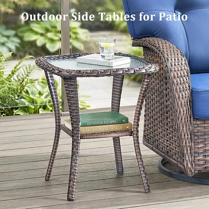 Patio Furniture Set, 6PCS Outdoor Wicker Conversation Set with Side Table, High Back Rattan Sofa & Swivel Rocker Chairs, Weather Resistant Olefin Fabric for Garden, Poolside Brown/Blue