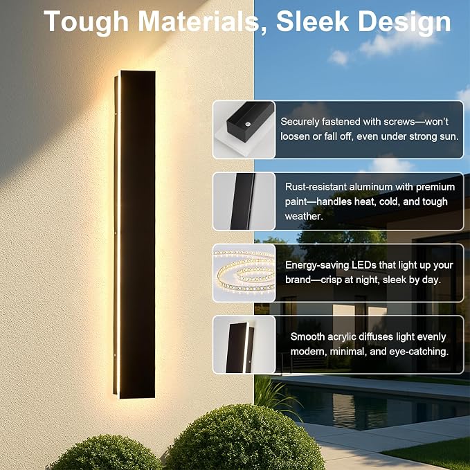 Modern Outdoor Wall Lights - 2pack 39inch 3000K Black Exterior Light Fixtures Wall, Porch Lights Outdoor Wall Sconce, Patio Long Strip Wall Light Fixtur Outside for Garage, House(4.72 Inch Wide)