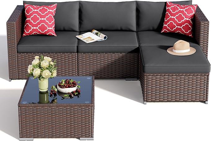 Aiho 5 Pieces Patio Furniture Sets, All-Weather PE Rattan Outdoor Patio Furniture with Cushions and Glass Table, for Garden, Backyard, Porch, Black