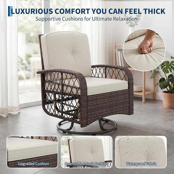GarveeHome Outdoor Swivel Rocker Chairs, 3-Piece Patio Set with Thick Cushions & High Back Support, Includes 2 Wicker Chairs & 1 Side Table for Deck, Porch, Backyard (Brown Wicker & Beige Cushions)