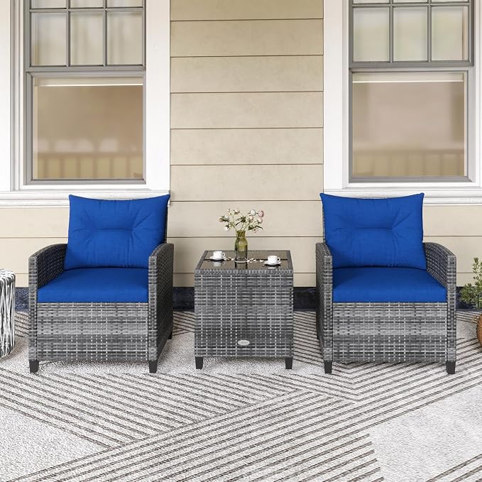 Patio Furniture Set, 3 Pcs Outdoor Wicker Conversation Set with Glass Coffee Table, Patio Chairs w/Washable Cushions, PE Rattan Outdoor Furniture Set for Porch Garden Backyard (Navy)