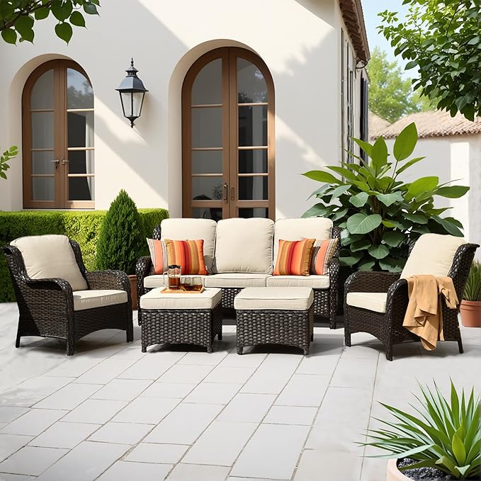 ovios 5-Pieces Patio Furniture Set, Outdoor Wicker Sofa Couch with Chairs Ottomans Comfy Cushions, All Weather High Back Modern Conversation Set, Brown Rattan, Beige