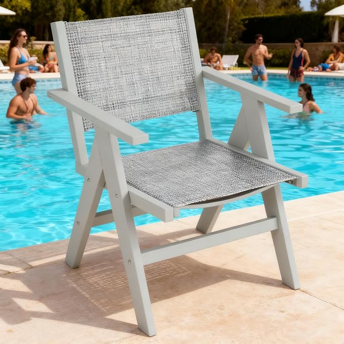 Patio Outdoor Chair, Dining Chair, Durable HIPS Material, Ergonomic Design, Mesh Chair for Patio, Gardens, Pool, Camping ect.(Light Gray)