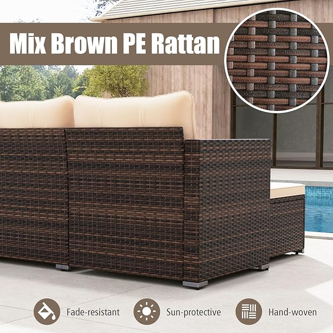 Tangkula L Shaped Outdoor Patio Furniture Set, 4 Seats Wicker Patio Conversation Set with Cushions and Tempered Glass Coffee Table, for Yard, Porch, Garden and Poolside