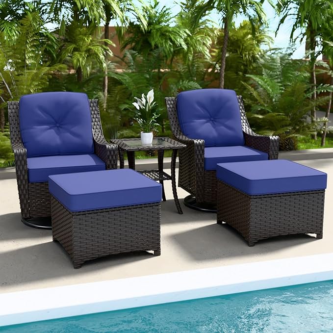 Stone Creek Outdoor Furniture Set with Swivel Rocking Chairs, Side Table & Ottomans, Wicker Patio Conversation Set, Balcony Furniture, 5 Piece, Brown/Blue