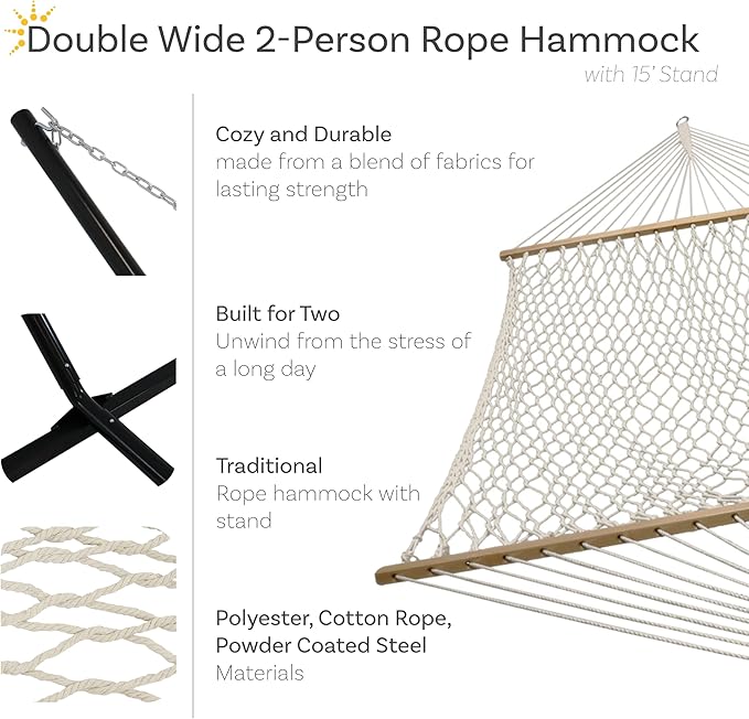 Sunnydaze Double Polyester and Cotton Rope Hammock with 15-Foot Steel Stand - 400-Pound Capacity - Black Stand - Cream