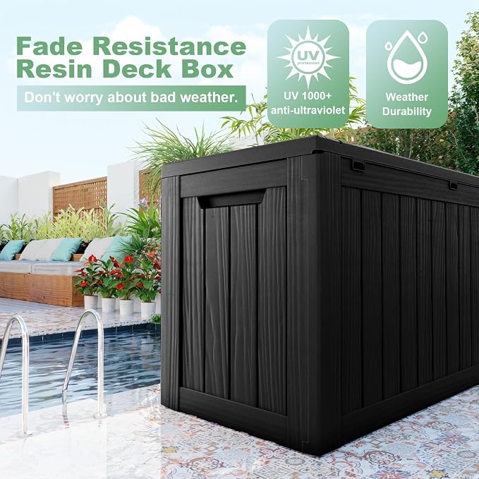 DRATO 80 Gallon Deck Box, Outdoor Storage Box for Patio Furniture, Patio Cushions, Gardening Tools, Pool Supplies 480lbs Weight Capacity, Waterproof Resin Storage Boxes (Black, 80 Gallon)