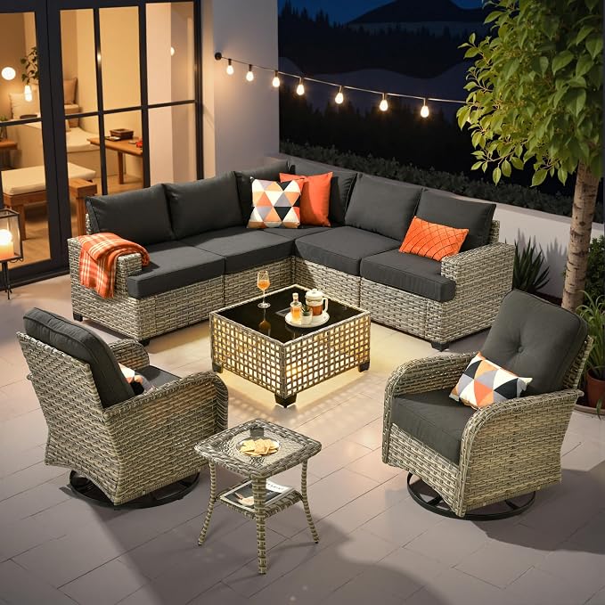 HOOOWOOO Sectional Patio Furniture Set with Swivel Chairs,9 Pieces Wicker Outdoor Furniture L Shaped Couch,Outside Conversation Set with Extra Deep Seat Sofa Wide Arm Solar Light Table,Black