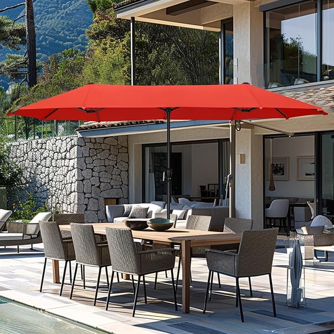 GREEN PARTY 13ft Rectangle Patio Umbrella, Double Sided Outdoor Table Umbrella with Crank & 1.5" Pole, Large Market Umbrella for Poolside Garden Deck Backyard, Orange Red
