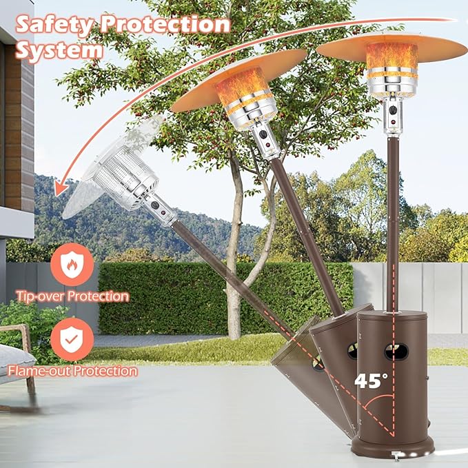 Tangkula 50,000 BTU Propane Outdoor Heater, Patio Heater with Strengthened Stainless Steel Burner, Tip-Over, Flame-Out Protection and Wheels, Outdoor Heaters for Patio (Brown)