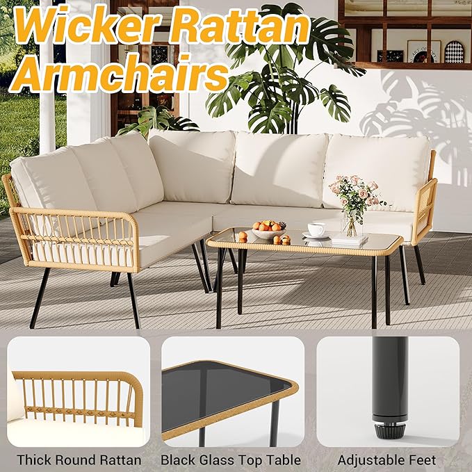 GarveeLife Wicker 4 Pieces Patio Furniture Sets Outdoor Sectional L-Shaped with Cushions & Side Table and Chairs Set, Boho Rattan 5 Seater Conversation Sets for Apartment, Bistro, Backyard,Porch,Beige