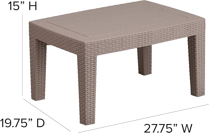 Merrick Lane Malmok Outdoor Furniture Patio Table - Light Gray Faux Rattan Wicker Pattern Coffee Table - All-Weather Use - Wood Plank Top Design