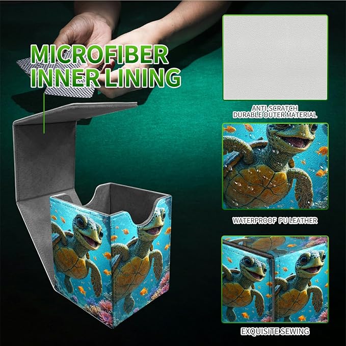 Baby Sea Turtle Card Deck Box for MTG, Personalized Card Storage Case Fits 120+ Sleeved Cards, Premium Leather TCG Box with Strong Magnetic Closure for Magic, CCG, PTCG, Baseball Cards