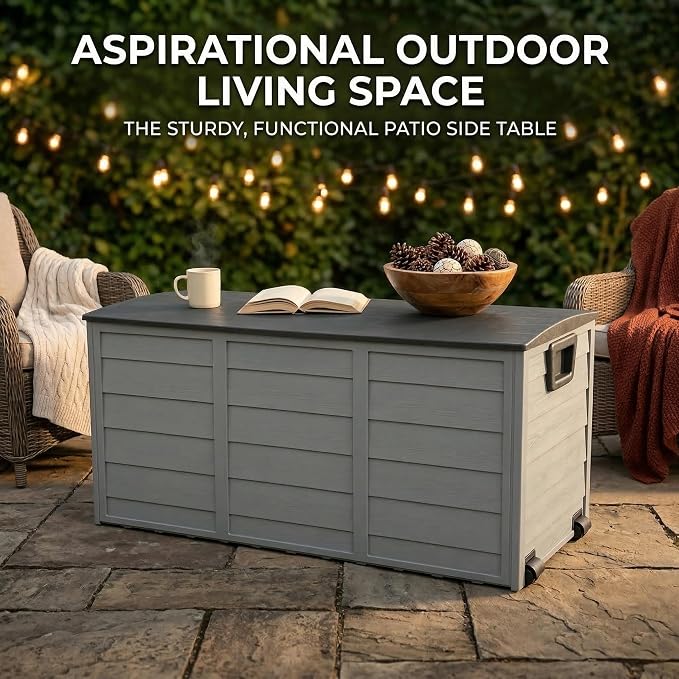 75 Gallon Outdoor Storage Box, 260L Waterproof Resin Deck Box for Patio Furniture Cushions, Garden Tools and Yard Accessories, Lockable Storage Chest with Wheels and Handles (Black+Brown)