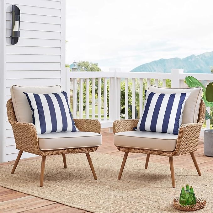 AELS Outdoor Pillow Covers 18x18 Inch, Waterproof Throw Pillow Covers Pack of 2, Water-Resistant Decorative Pillow Case for Patio Furniture Tent Garden, Nautical Navy Blue White Stripes, Cover ONLY