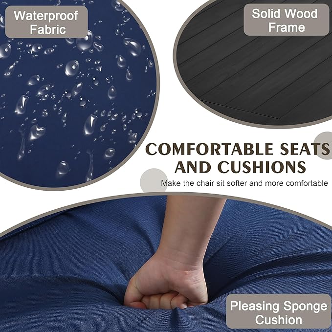 UIXE Black Wood Patio Furniture Sets, 3 Pieces All Weather Patio Loveseat Sofa Outdoor Sectional Futniture Backyard Conversation Set with Solid Wooden Coffee Table - Navy Blue